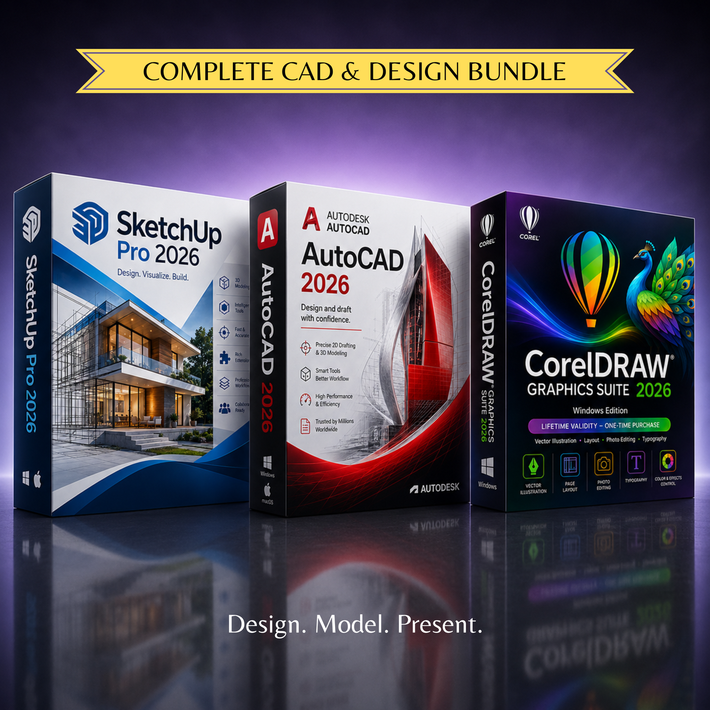 SketchUp Pro 2026 + AutoCAD 2026 + CorelDRAW 2026 | CAD & Graphic Design Bundle